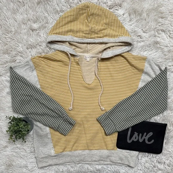 🎉HP🎉 Hem & Thread Striped Terry Hoodie 💗 Mustard Sage Green & Gray - Picture 2 of 16